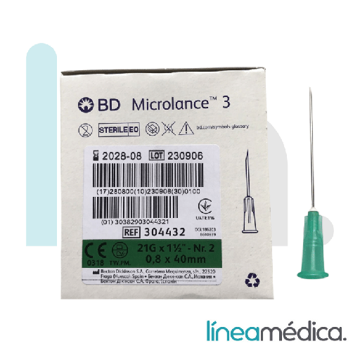 AGUJA CONO LUER 0.8 X50 21G (verde) c/100 ud